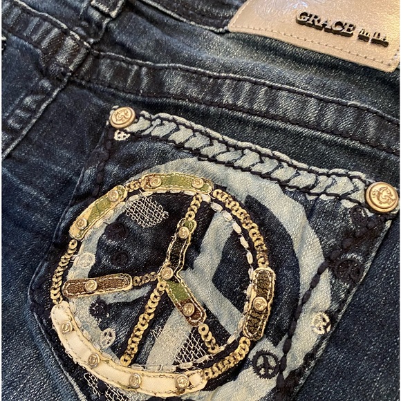 𝅺Grace in LA Embellished Rhinestone Studded  Designer Jean Skirt - Picture 3 of 11